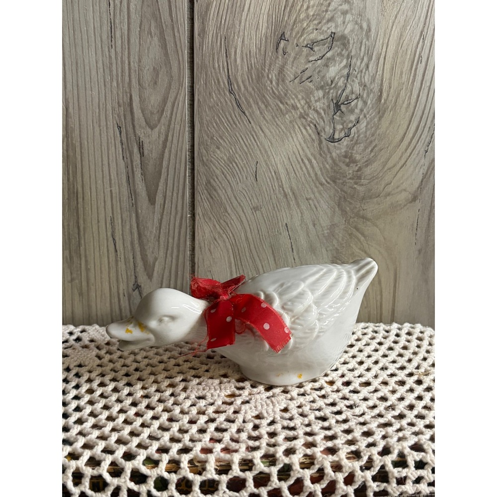 Vintage White Ceramic Duck Figurine with Red Polka Dot Ribbon Farmhouse Decor